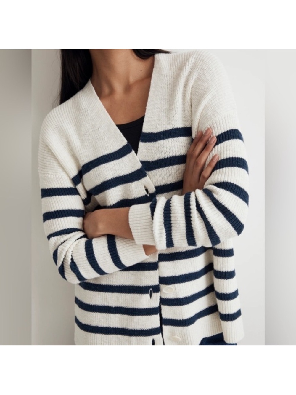 Madewell V-Neck Button-Front Long Cardigan Sweater – Cream & Navy Stripe